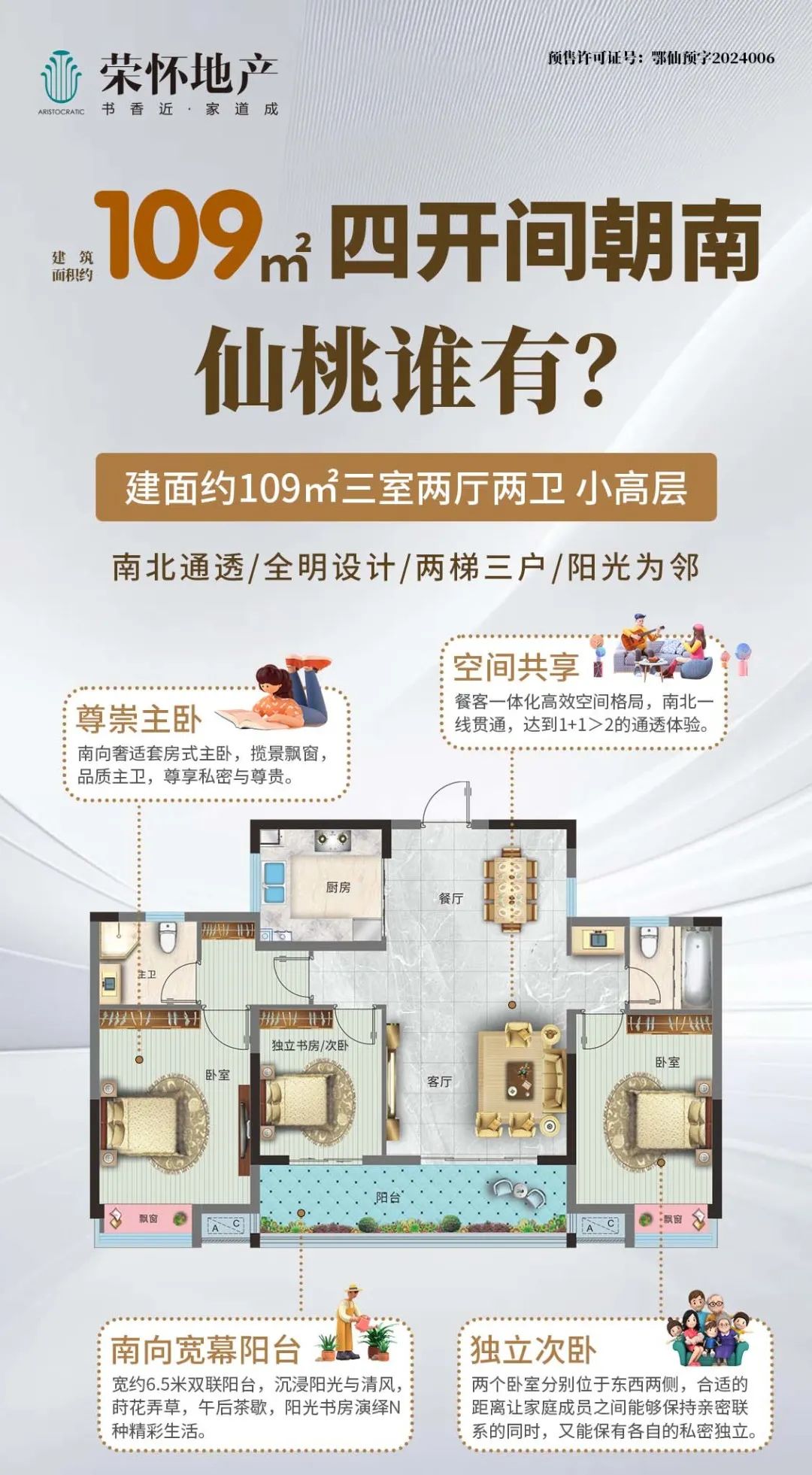 仙桃谁有？建面约109㎡四开间朝南小高层