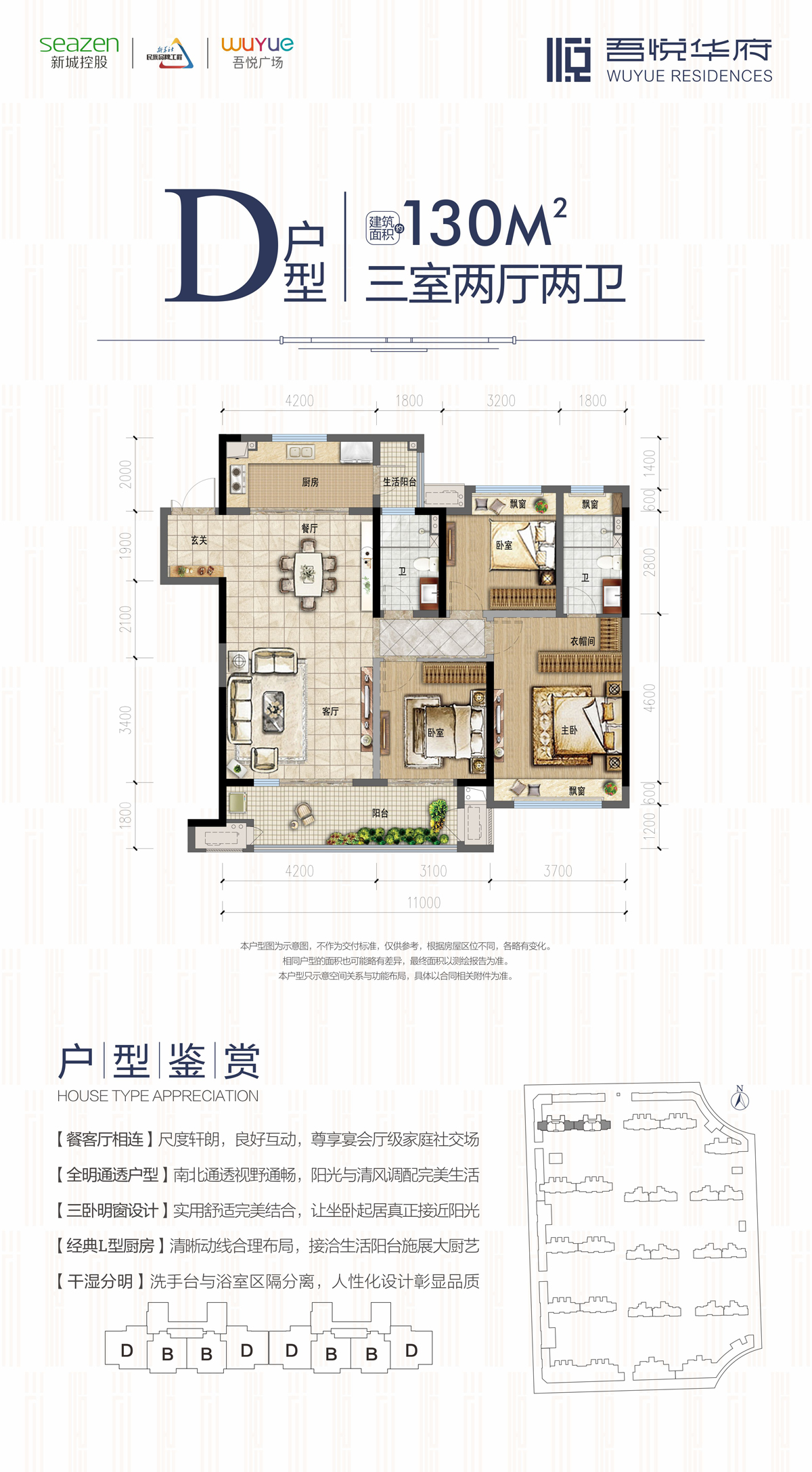 仙桃吾悦广场D户型：130㎡