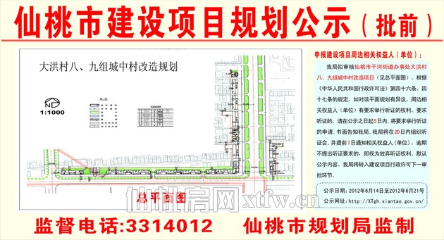仙桃市大洪村八、九组城中村改造项目批前公示